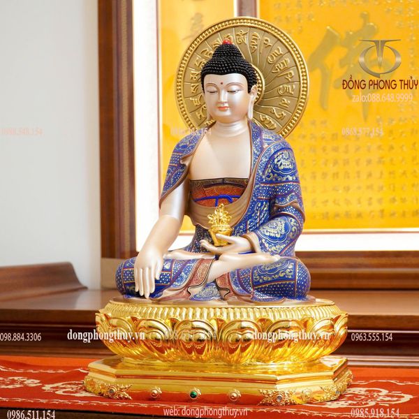 Tượng Dược Sư tọa đài sen bằng đồng dát vàng 24k vẽ gấm