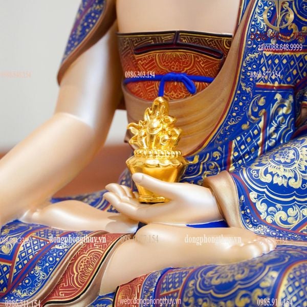 Tượng Dược Sư tọa đài sen bằng đồng dát vàng 24k vẽ gấm