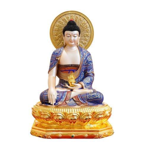 Tượng Dược Sư tọa đài sen bằng đồng dát vàng 24k vẽ gấm