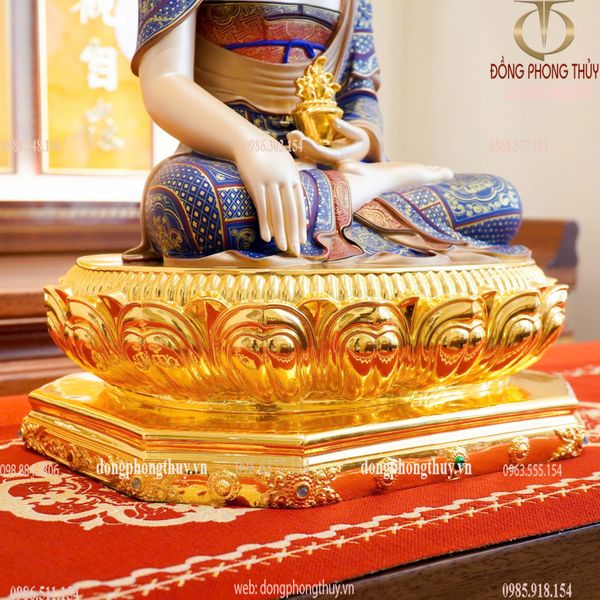 Tượng Dược Sư tọa đài sen bằng đồng dát vàng 24k vẽ gấm