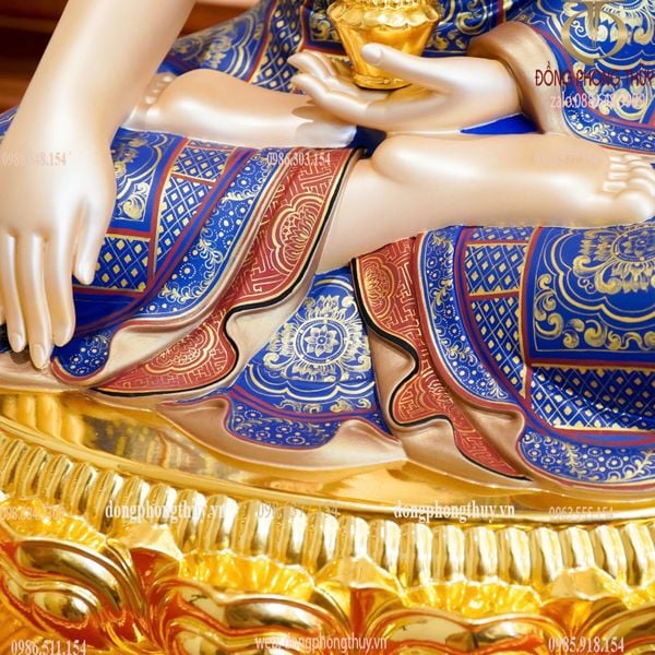 Tượng Dược Sư tọa đài sen bằng đồng dát vàng 24k vẽ gấm