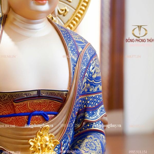 Tượng Dược Sư tọa đài sen bằng đồng dát vàng 24k vẽ gấm