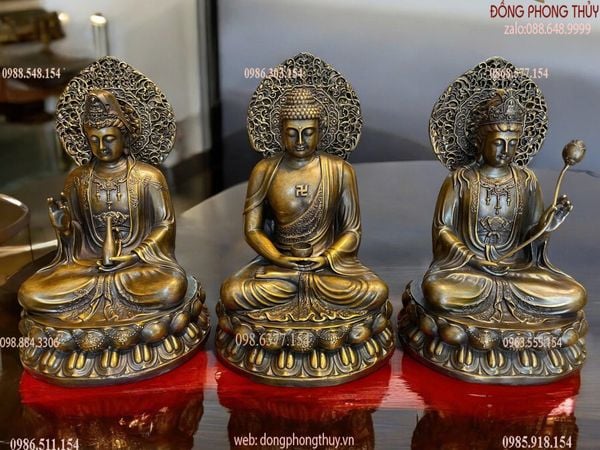 Tượng Tây Phương Tam Thánh lá đề bằng đồng cao 28cm nặng 9.7kg
