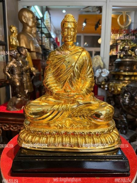 Tượng Thích Ca bằng đồng hun tọa đài sen cao 30cm dát vàng 24k