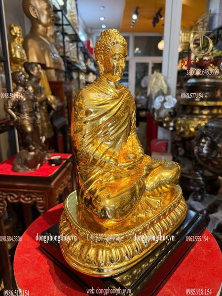 Tượng Thích Ca bằng đồng hun tọa đài sen cao 30cm dát vàng 24k