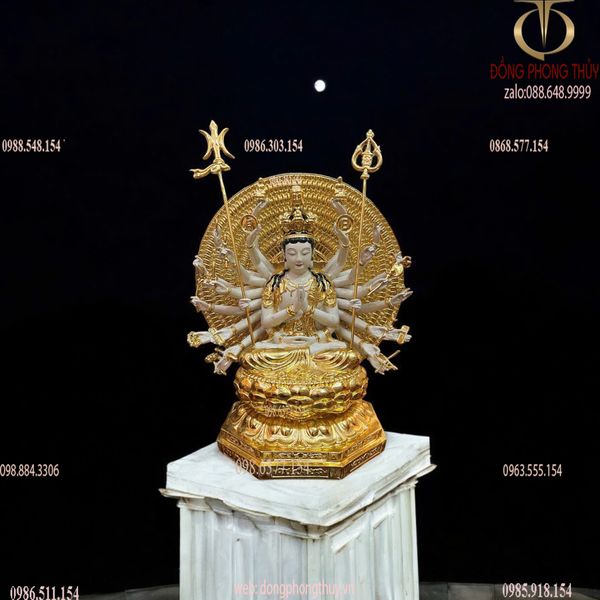 Tượng thiên thủ thiên nhãn bằng đồng dát vàng vẽ màu cao cấp cao 44cm