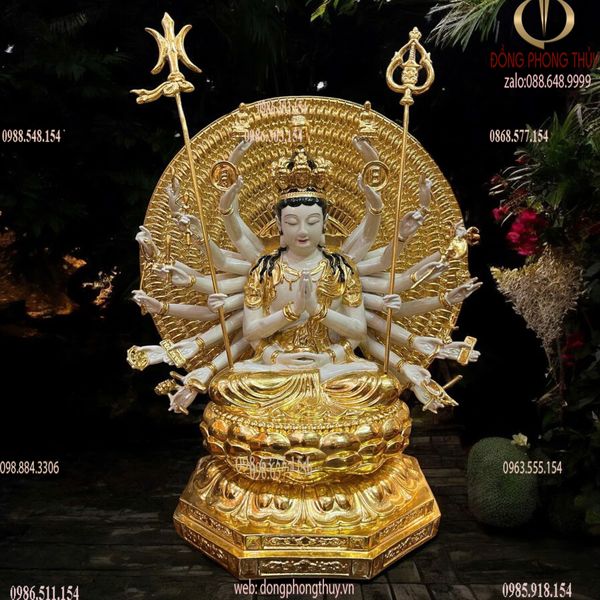 Tượng thiên thủ thiên nhãn bằng đồng dát vàng vẽ màu cao cấp cao 44cm