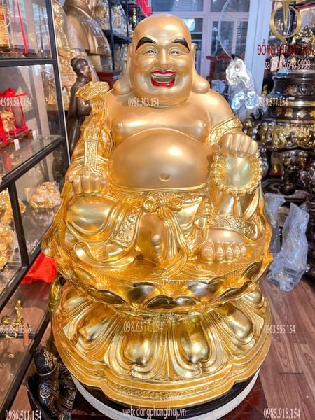 Tượng phật Di Lặc tọa đài sen dát vàng 24k vẽ màu Cao 50, nặng 24,5kg