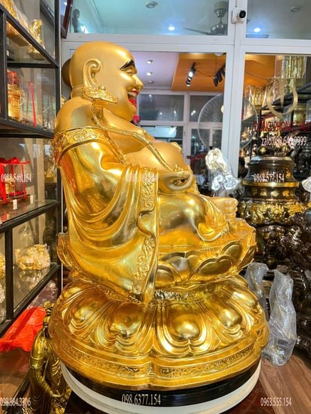 Tượng phật Di Lặc tọa đài sen dát vàng 24k vẽ màu Cao 50, nặng 24,5kg