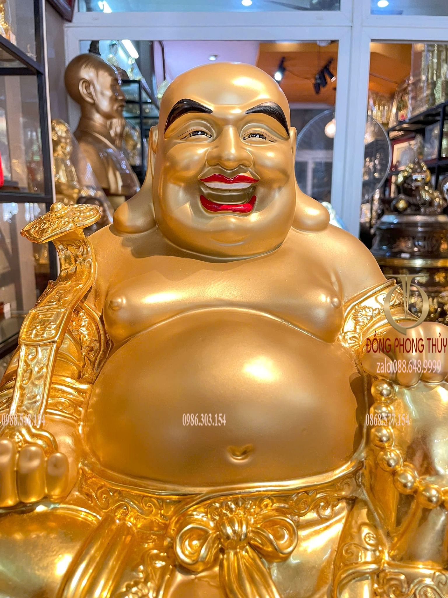 Tượng Di Lặc tọa đài sen dát vàng 24k vẽ màu Cao 50cm ngang 40cm sâu 36cm nặng 20kg