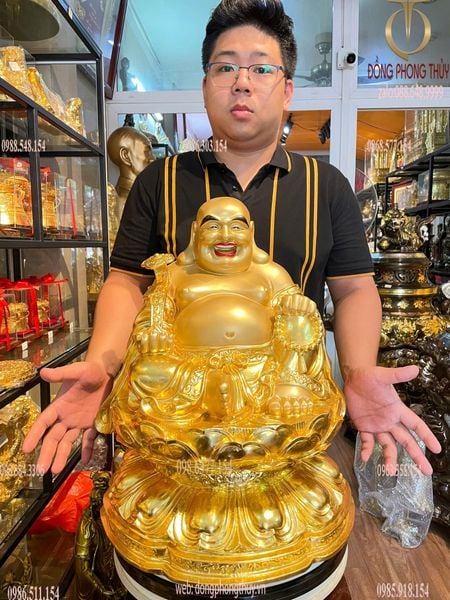 Tượng phật Di Lặc tọa đài sen dát vàng 24k vẽ màu Cao 50, nặng 24,5kg