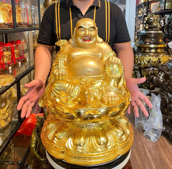 Tượng phật Di Lặc tọa đài sen dát vàng 24k vẽ màu Cao 50, nặng 24,5kg