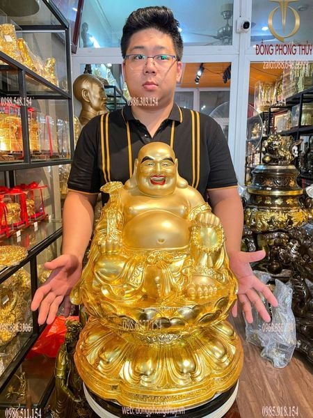 Tượng phật Di Lặc tọa đài sen dát vàng 24k vẽ màu Cao 50, nặng 24,5kg