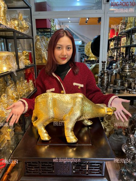 Tượng trâu vàng bằng đồng cao 25 dài 52cm 16kg dát vàng 24k