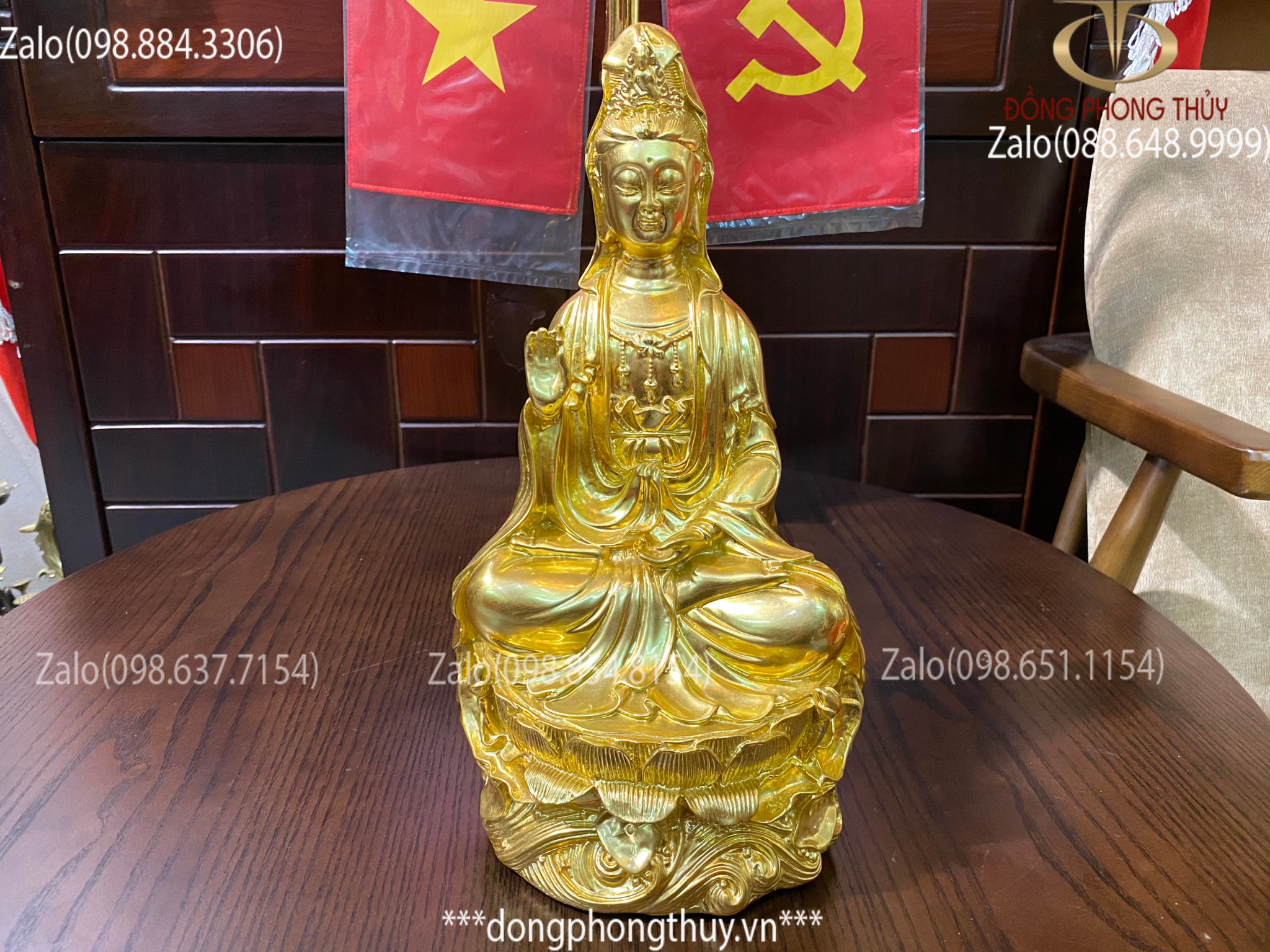 Tượng Phật Bà Quan Âm Bồ Tát bằng đồng thếp vàng 24k cao 28cm