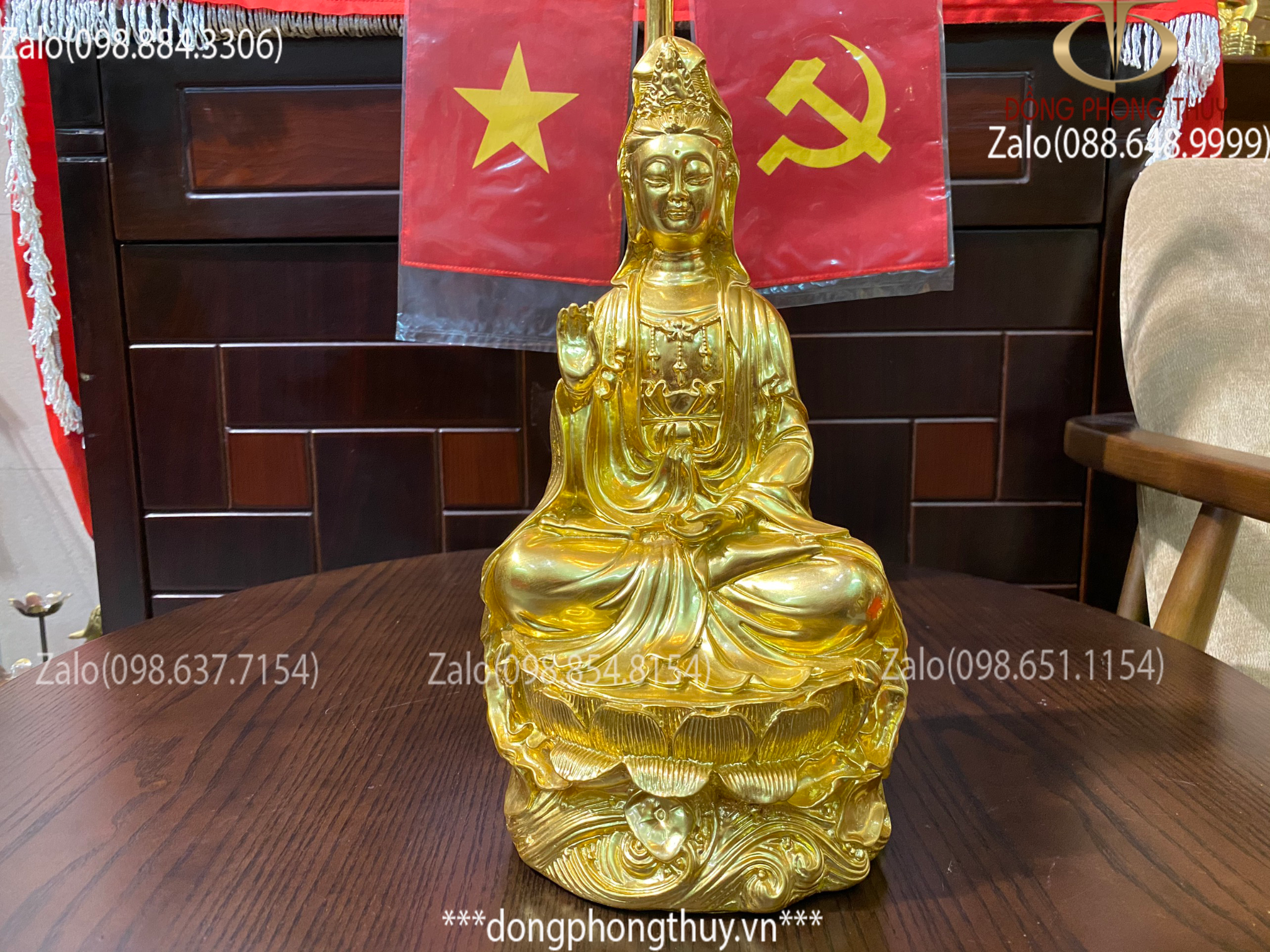 Tượng Phật Bà Quan Âm Bồ Tát bằng đồng thếp vàng 24k cao 28cm