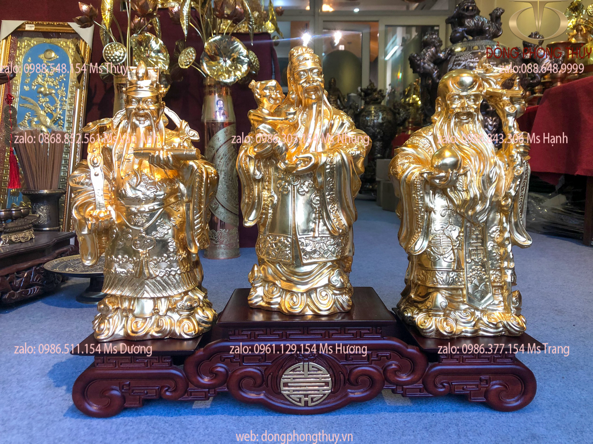 Tượng tam đa phúc lộc thọ bằng đồng cao 42cm nặng 15kg đất vàng 24k