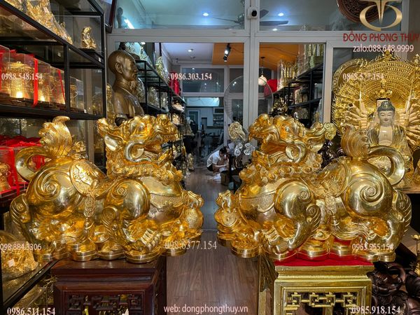 Đôi tỳ hưu đực cái bằng đồng dát vàng 24K Cao 47 ngang 60 sâu 23 nặng 54kg