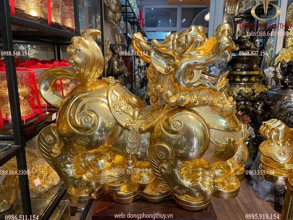 Đôi tỳ hưu đực cái bằng đồng dát vàng 24K Cao 47 ngang 60 sâu 23 nặng 54kg