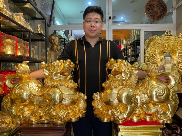 Đôi tỳ hưu đực cái bằng đồng dát vàng 24K Cao 47 ngang 60 sâu 23 nặng 54kg