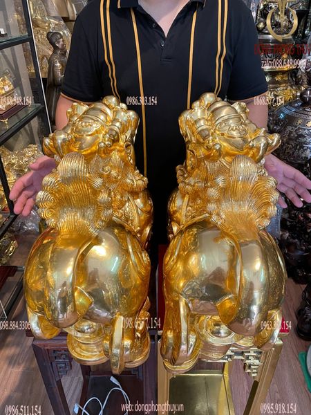 Đôi tỳ hưu đực cái bằng đồng dát vàng 24K Cao 47 ngang 60 sâu 23 nặng 54kg
