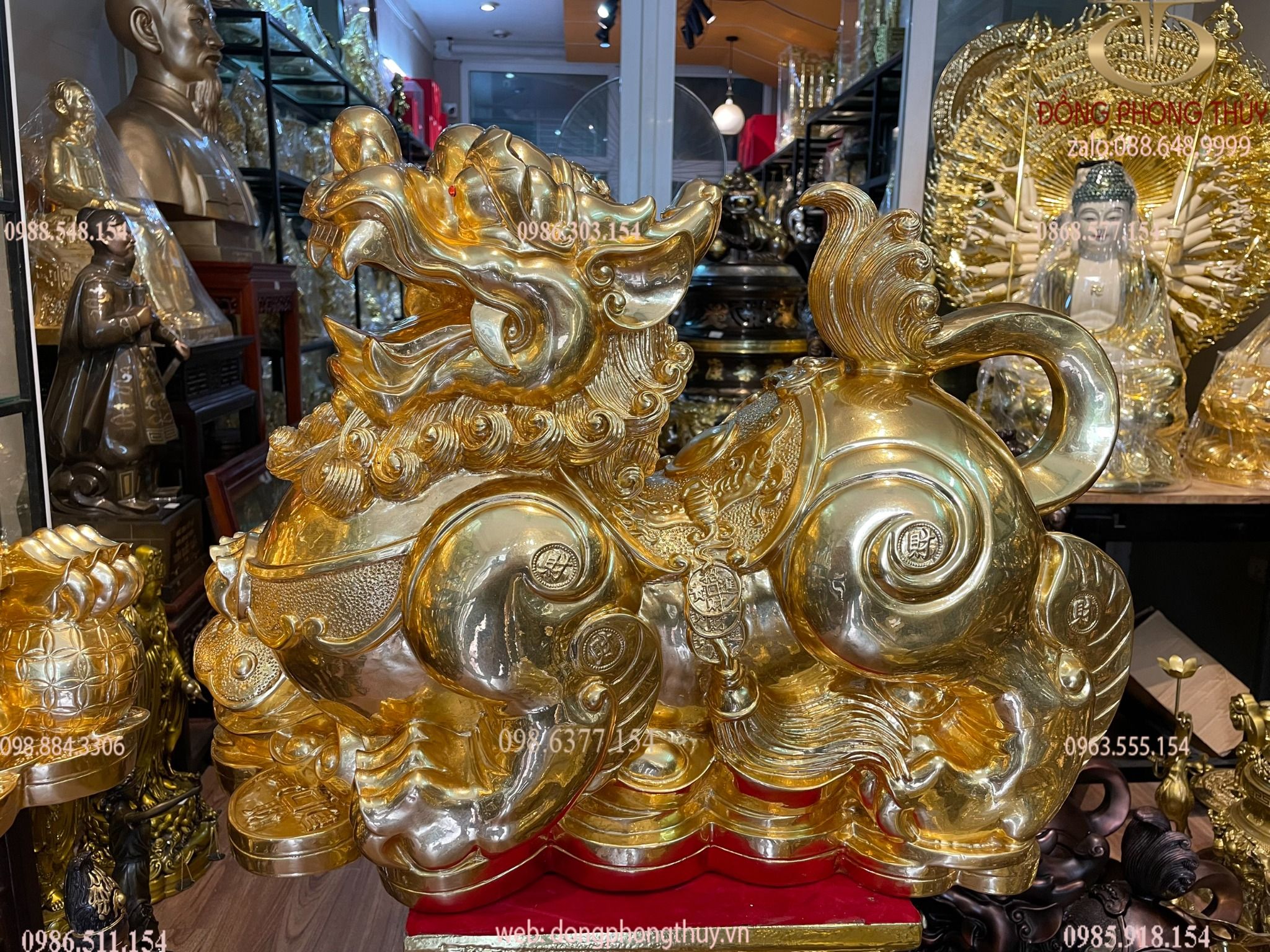 Đôi tỳ hưu đực cái bằng đồng dát vàng 24K Cao 47 ngang 60 sâu 23 nặng 54kg