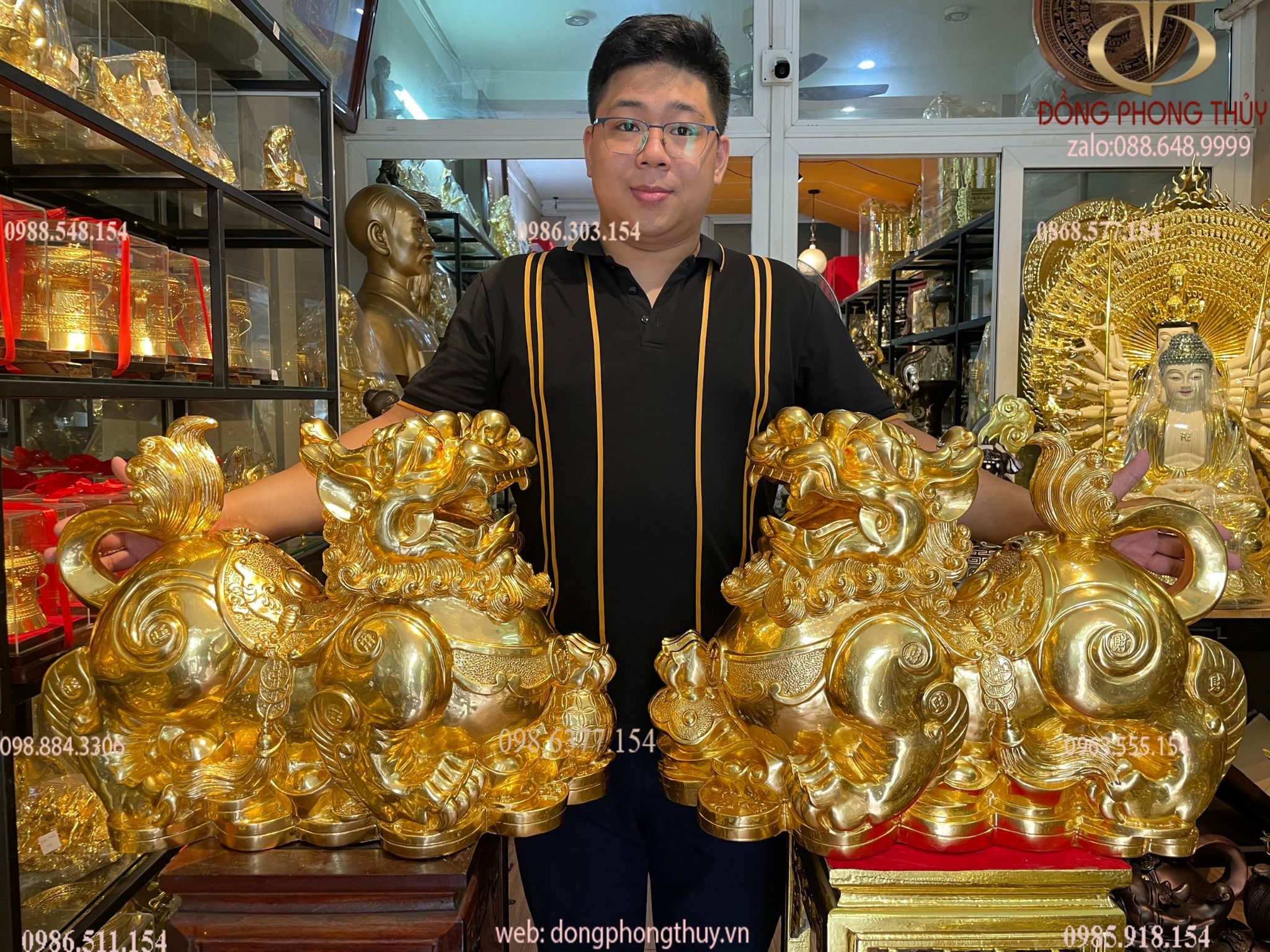Đôi tỳ hưu đực cái bằng đồng dát vàng 24K Cao 47 ngang 60 sâu 23 nặng 54kg