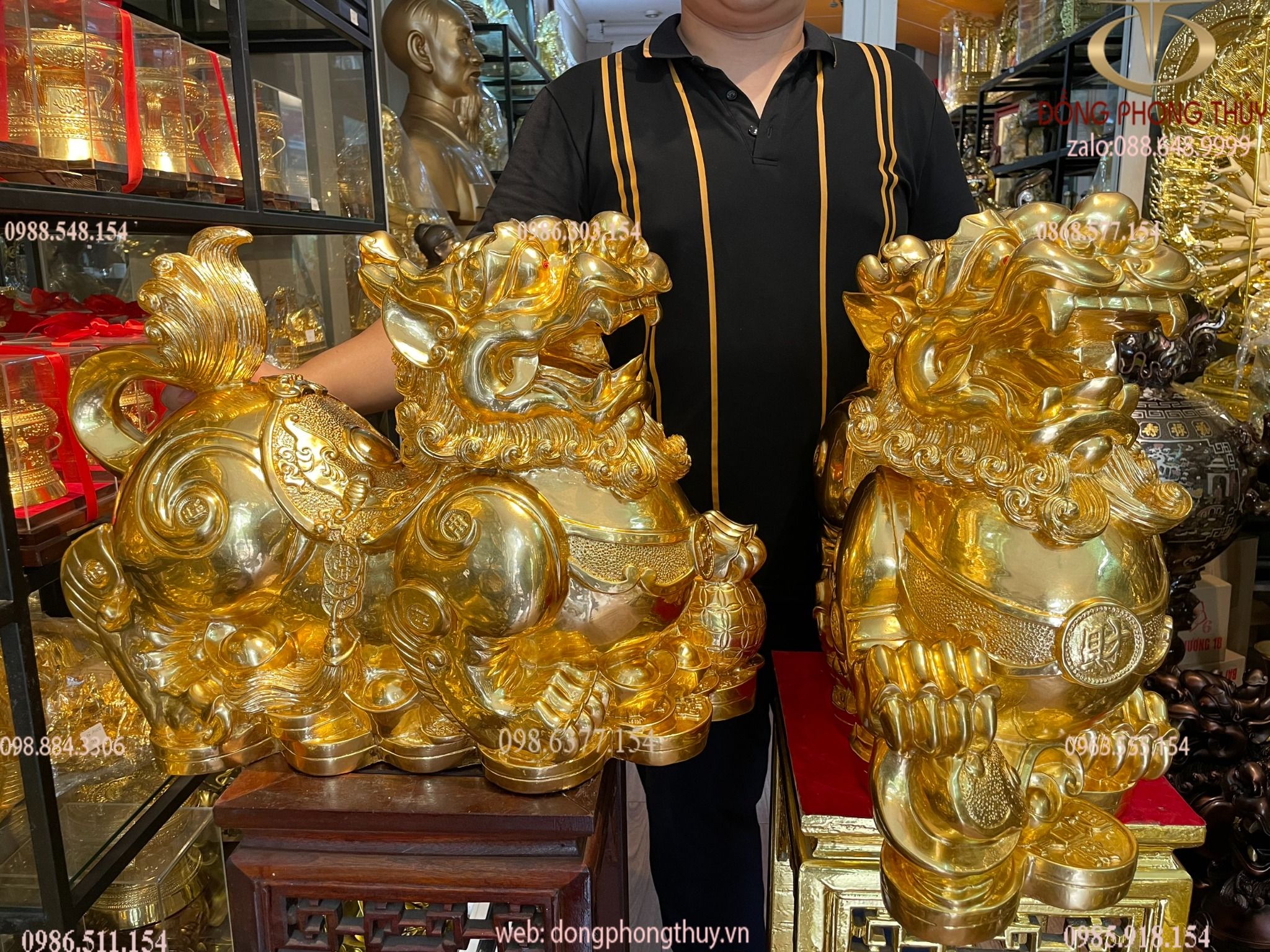 Đôi tỳ hưu đực cái bằng đồng dát vàng 24K Cao 47 ngang 60 sâu 23 nặng 54kg