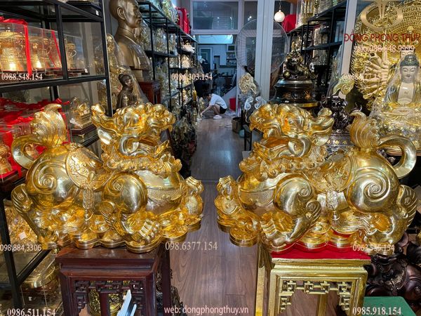 Đôi tỳ hưu đực cái bằng đồng dát vàng 24K Cao 47 ngang 60 sâu 23 nặng 54kg