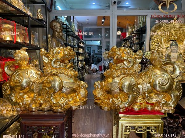 Đôi tỳ hưu đực cái bằng đồng dát vàng 24K Cao 47 ngang 60 sâu 23 nặng 54kg