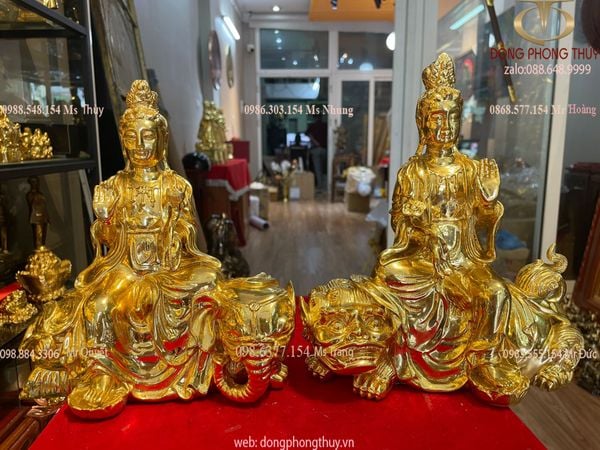 Tượng Văn thù sư lợi + tượng phổ hiền dát vàng 24k