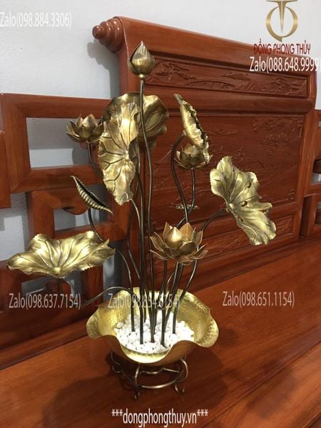 Chậu hoa sen đồng trưng bày Vàng cả - Đế Chậu đồng Cao 55cm 10 cành