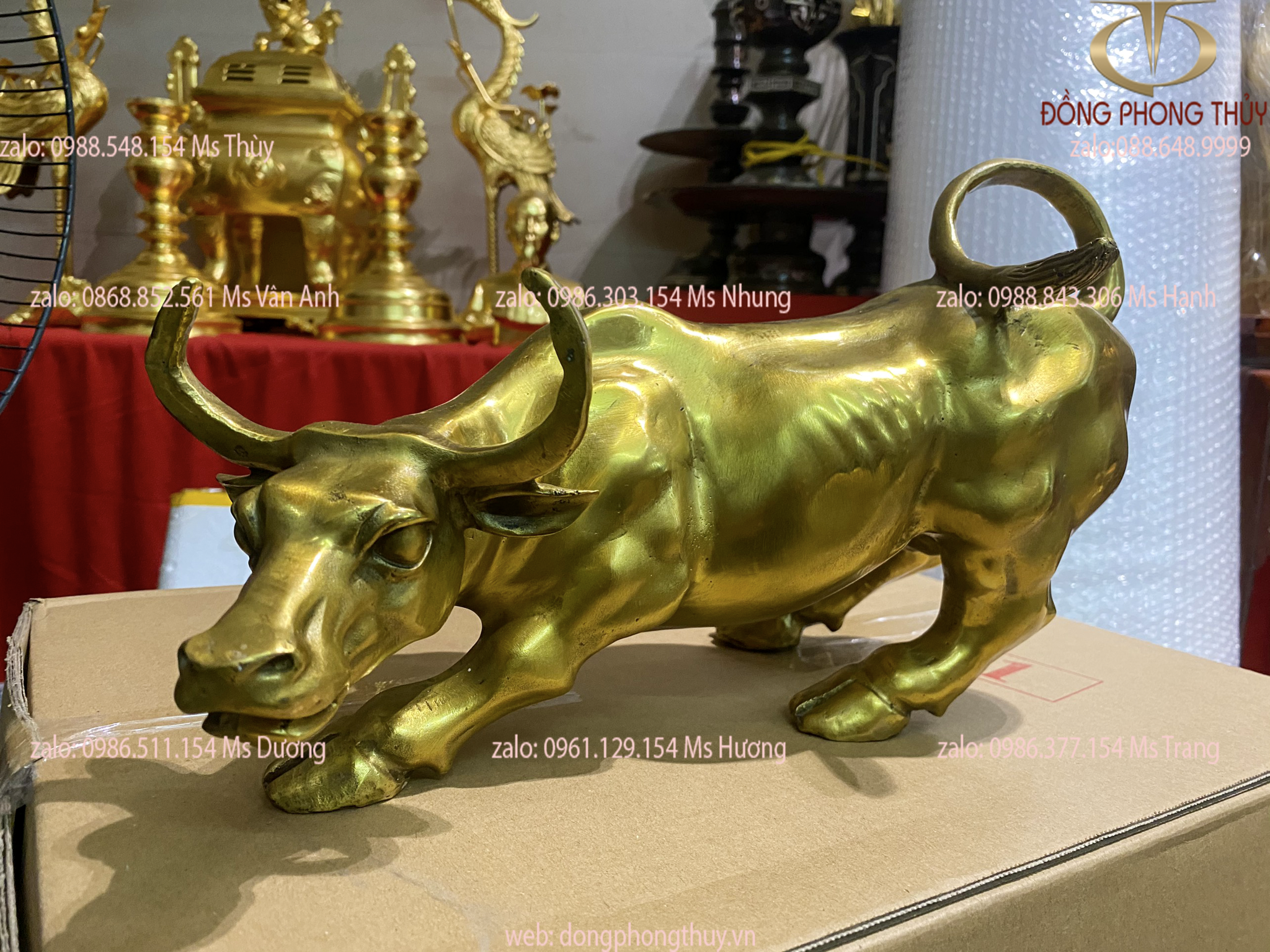 Tượng trâu vàng phong thủy bằng đồng cỡ vừa cao 18,5 dài 30 nặng 2,5kg –  Đồng Phong Thủy