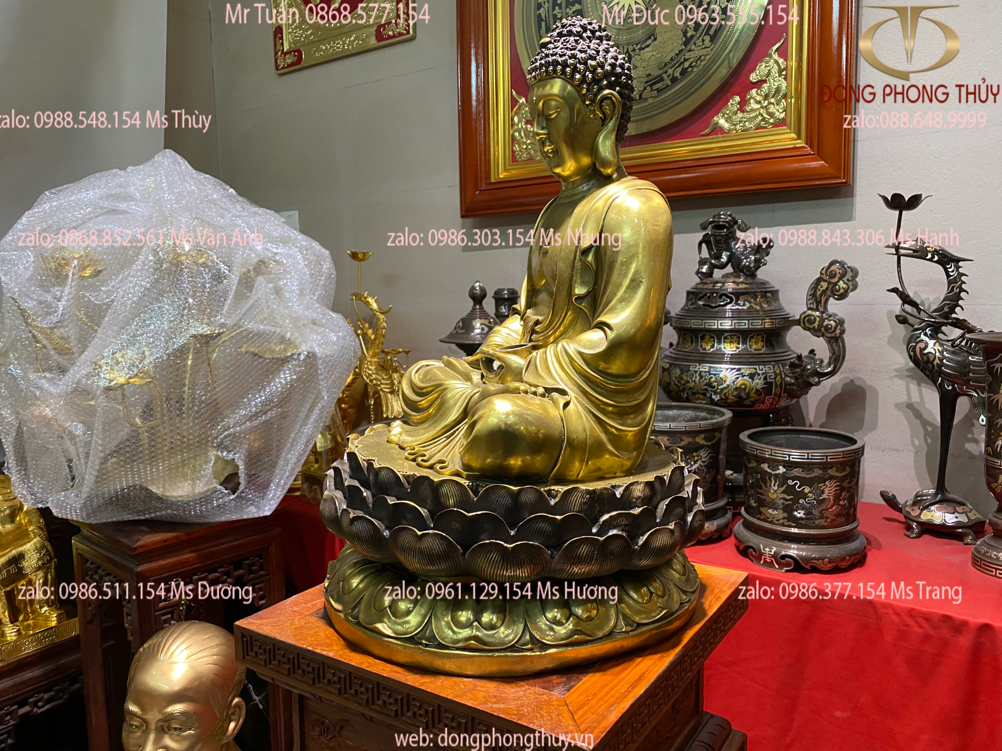 Tượng phật tổ băng đồng cao 47cm ngang 28cm nặng 10,5kg đế sen Nâu