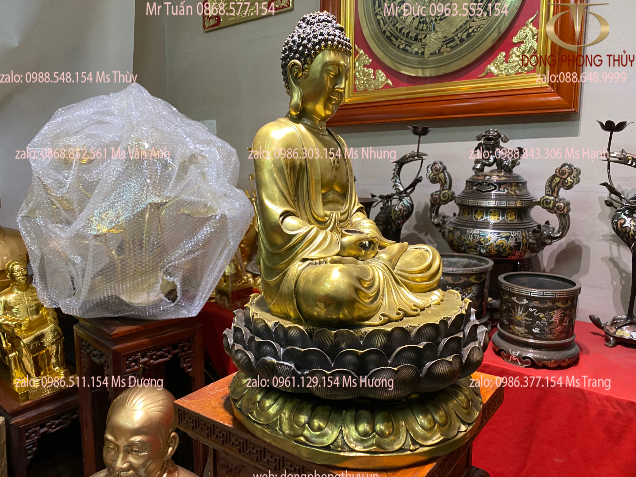 Tượng phật tổ băng đồng cao 47cm ngang 28cm nặng 10,5kg đế sen Nâu