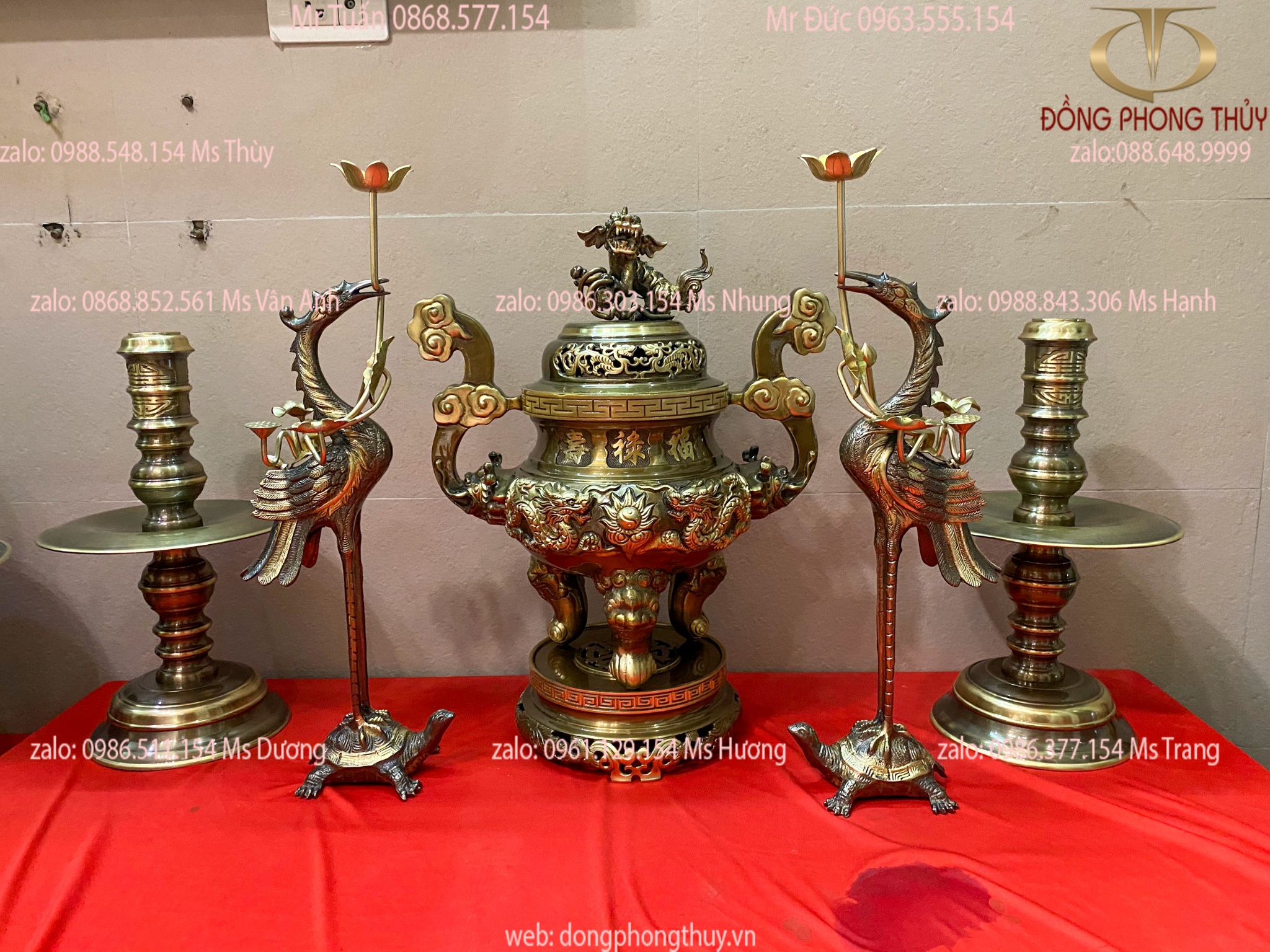 Bộ ngũ sự bằng đồng 50cm 21,5kg song long chầu nguyệt