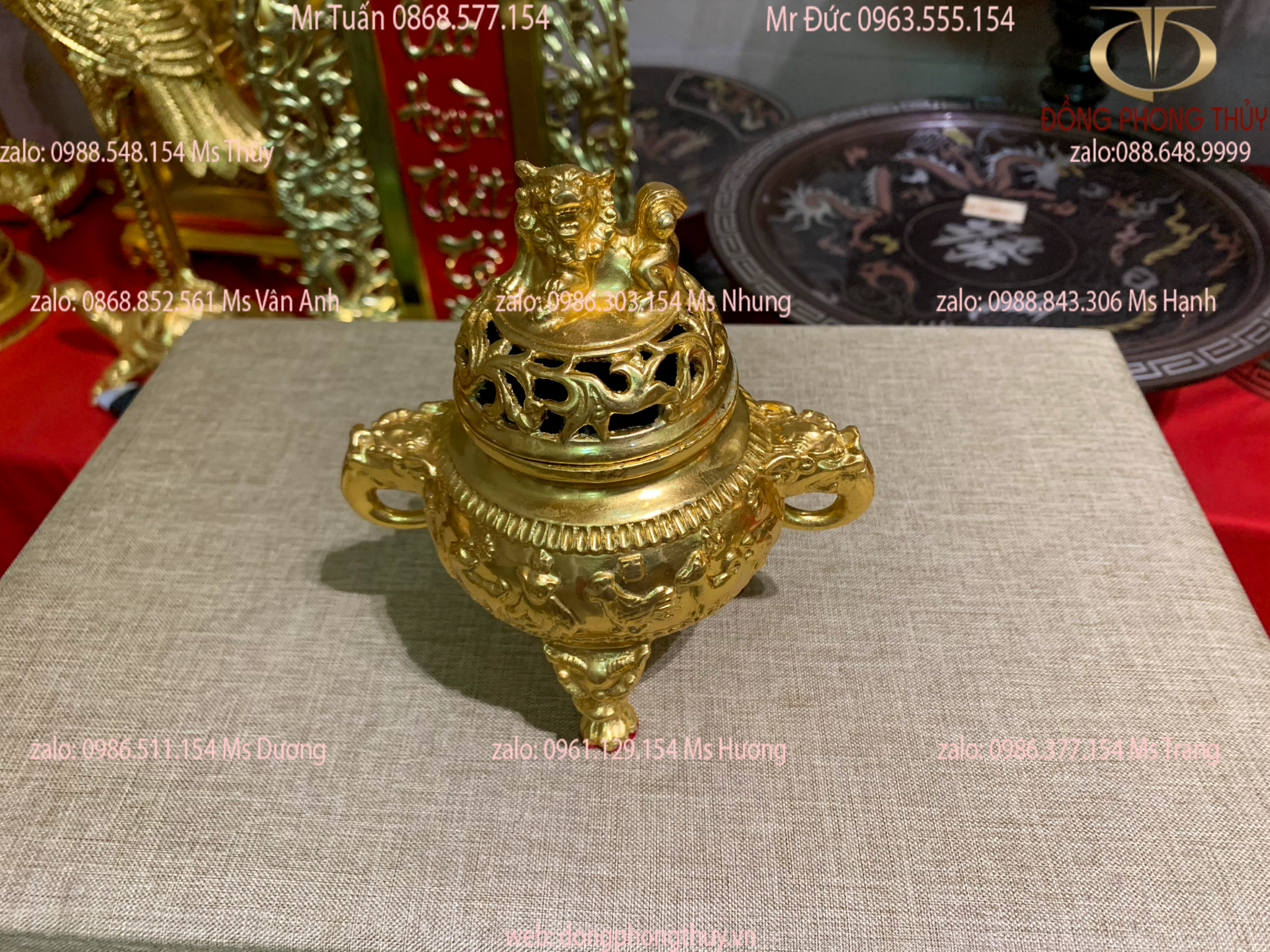 Đỉnh đốt trầm 12 con giáp lắp nghê bằng đồng dát vàng 24k