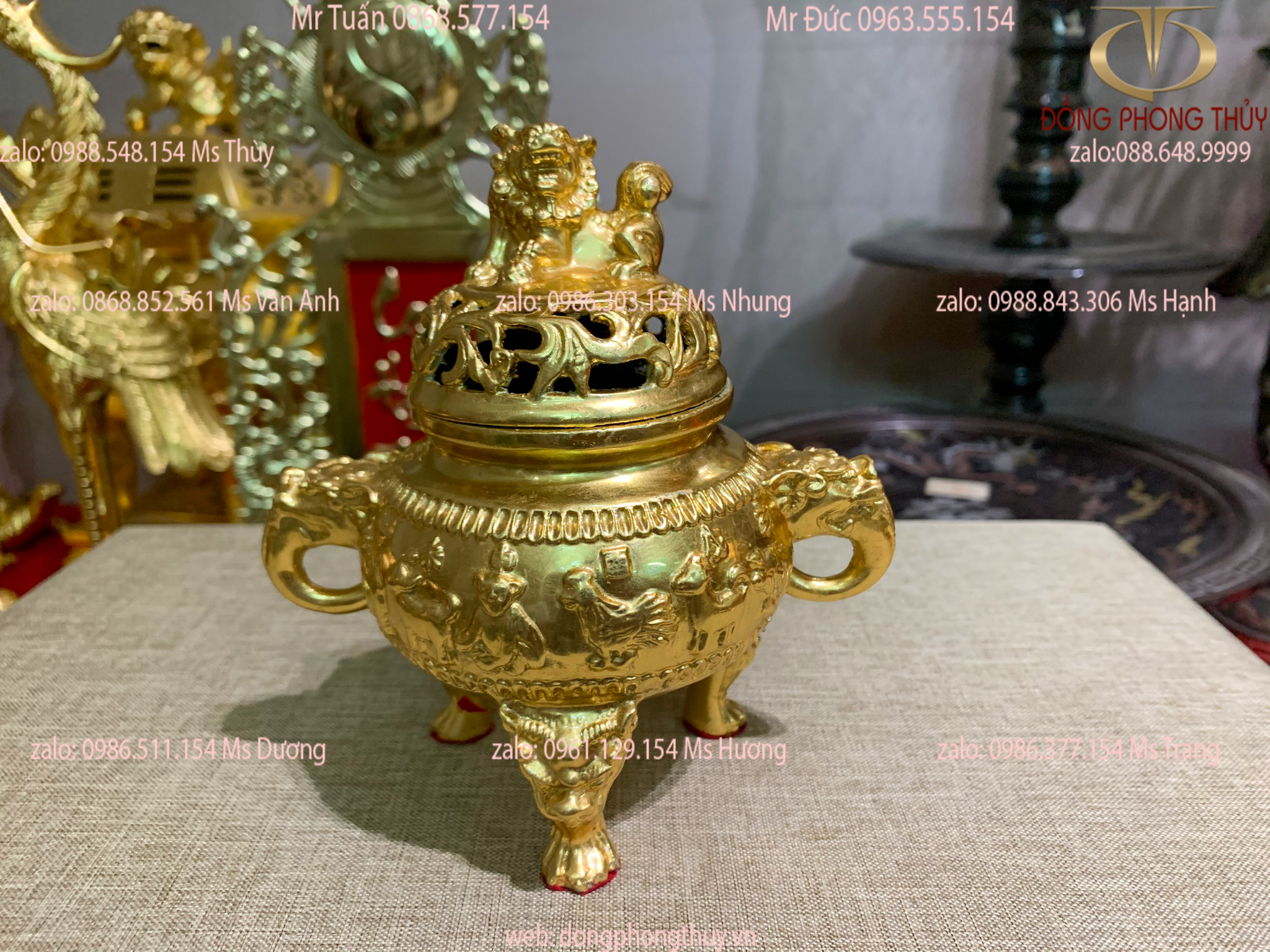Đỉnh đốt trầm 12 con giáp lắp nghê bằng đồng dát vàng 24k