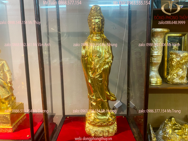 Tượng phật Quan Âm Tự Tại đứng 62cm 6kg bằng đồng dát vàng 24k