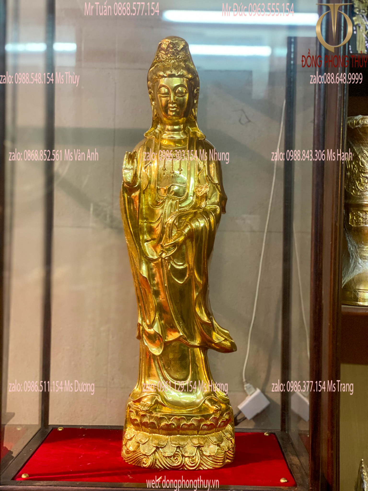 Tượng phật quan âm bồ tát đứng cao 62cm bằng đồng dát vàng 24k