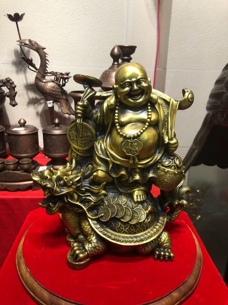 Tượng phật Di Lặc Gánh Tiền Bằng Đồng Cưỡi Long Quy Cao 36cm nặng 7kg