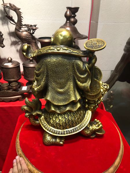 Tượng phật Di Lặc Gánh Tiền Bằng Đồng Cưỡi Long Quy Cao 36cm nặng 7kg