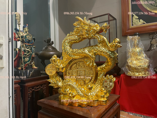Quà tặng sếp mạ vàng: tượng rồng cuộn đồng tiền 40cm dát vàng 24k