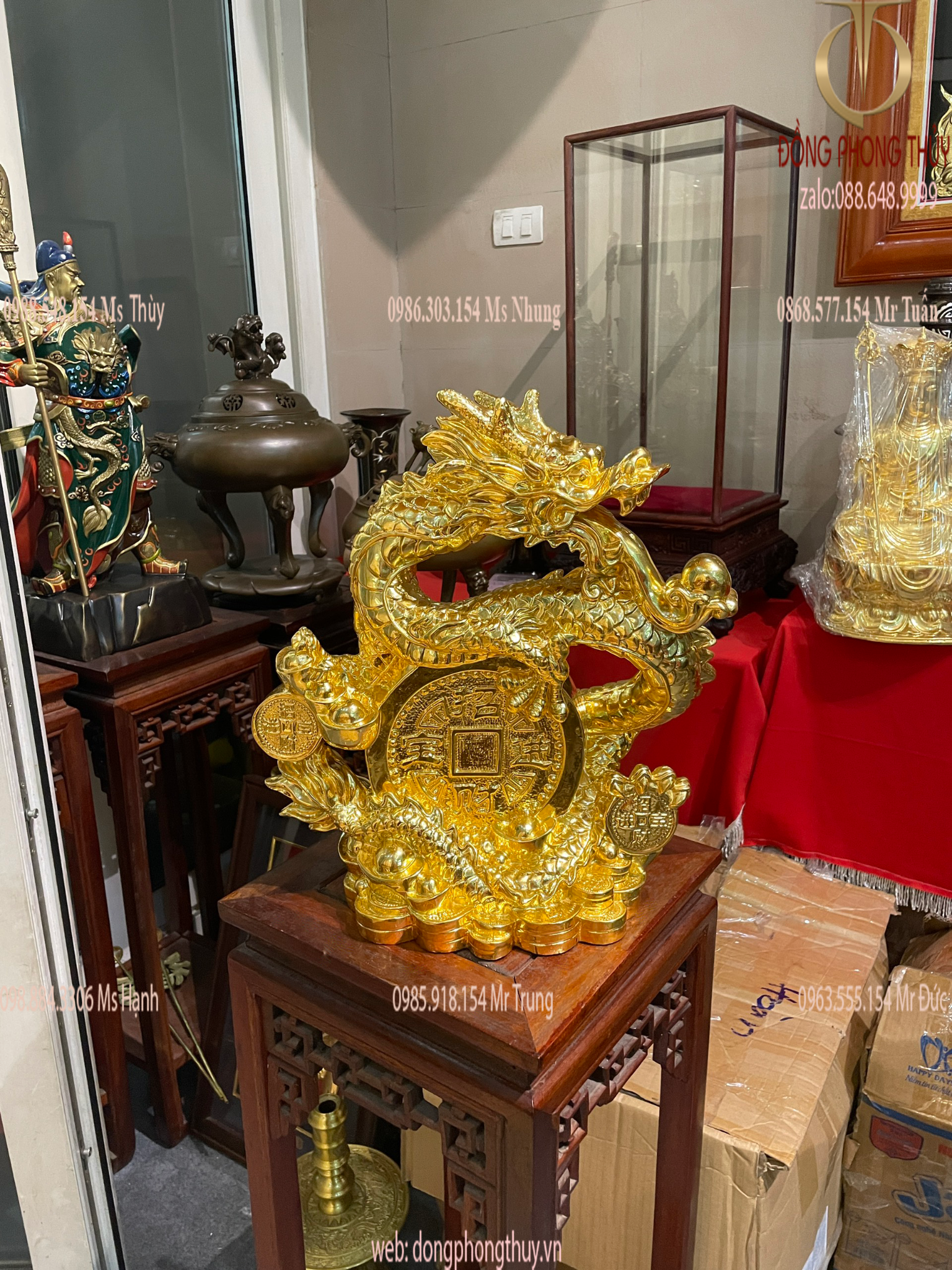 TƯỢNG RỒNG PHONG THỦY BẰNG ĐỒNG DÁT VÀNG 24K CAO 40CM NGANG 35CM NẶNG 3,5KG