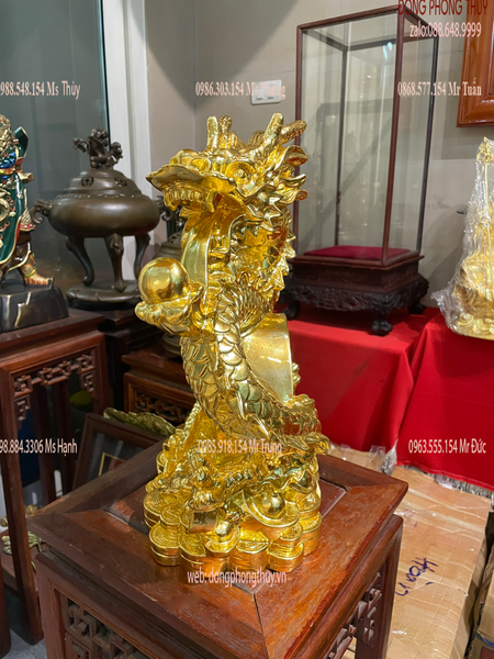 Quà tặng sếp mạ vàng: tượng rồng cuộn đồng tiền 40cm dát vàng 24k