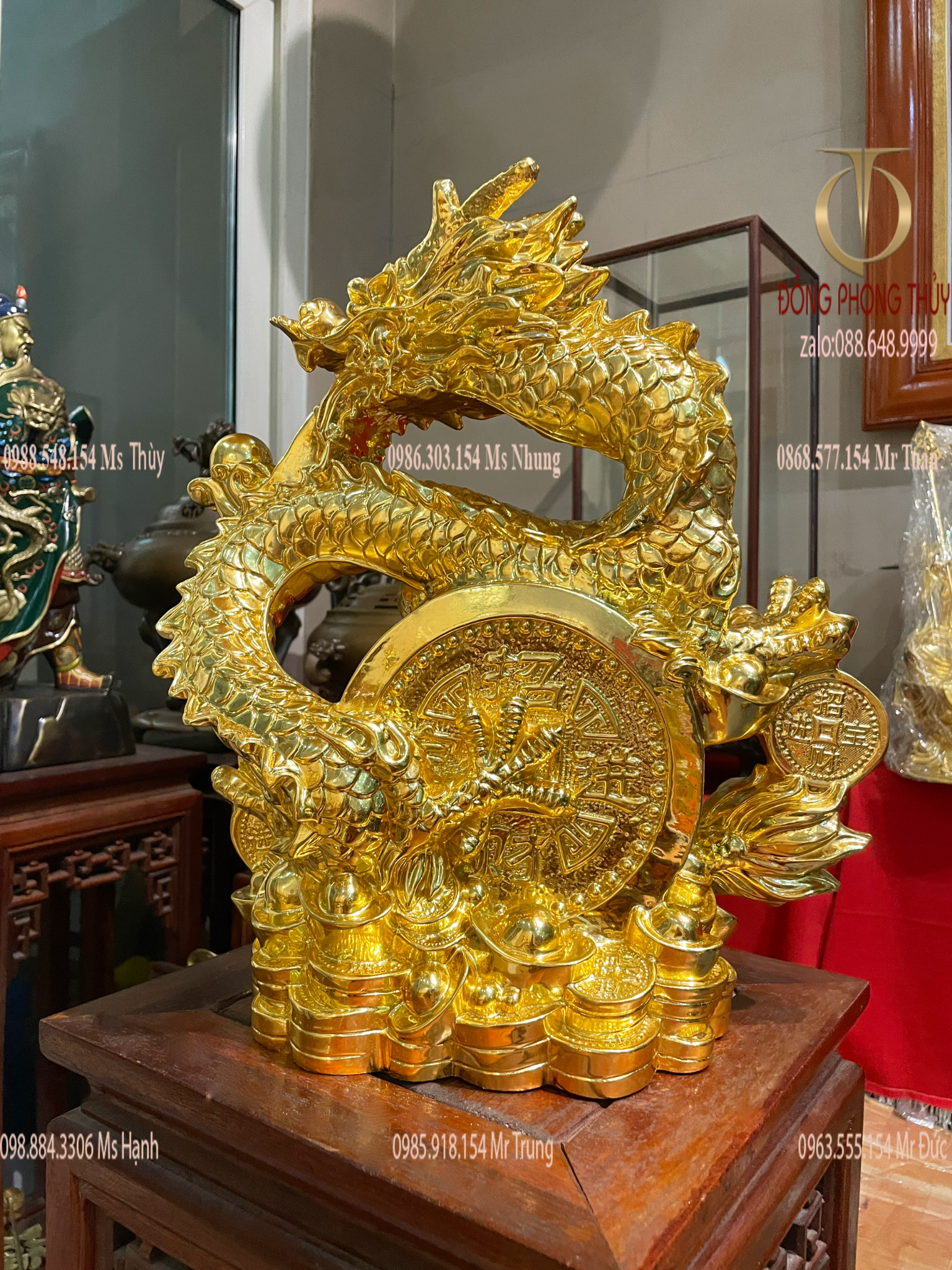 TƯỢNG RỒNG PHONG THỦY BẰNG ĐỒNG DÁT VÀNG 24K CAO 40CM NGANG 35CM NẶNG 3,5KG