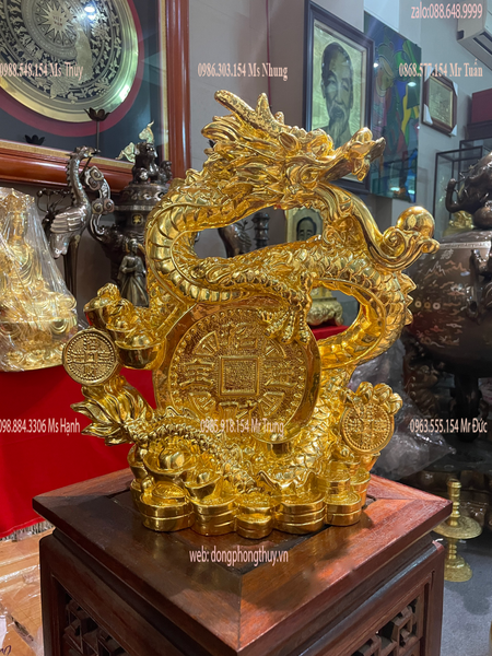 Tượng rồng mạ vàng - tượng rồng phong thủy bằng đồng dát vàng cao 40cm ngang 35cm nặng 7kg