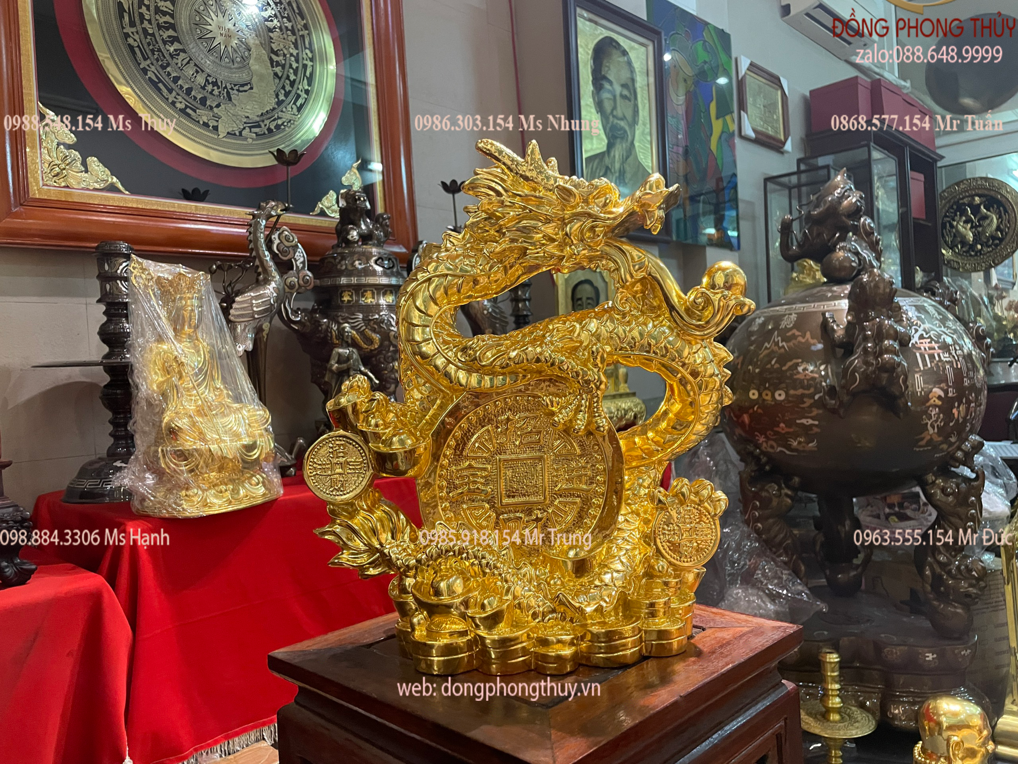 TƯỢNG RỒNG PHONG THỦY BẰNG ĐỒNG DÁT VÀNG 24K CAO 40CM NGANG 35CM NẶNG 3,5KG