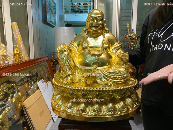 tượng di lặc bằng đồng dát vàng 24k cao 50cm ngang 38cm sâu 31cm nặng 15kg
