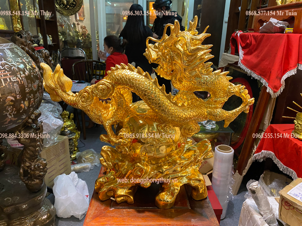 Tượng rồng mạ vàng - tượng rồng bằng đồng đỏ dát vàng 24k cao 44cm